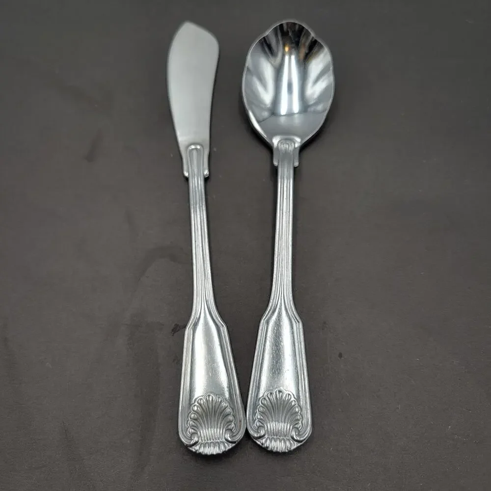 Towle London Shell Stainless Sugar Spoon & Master Butter Knife Set Vintage JAPAN